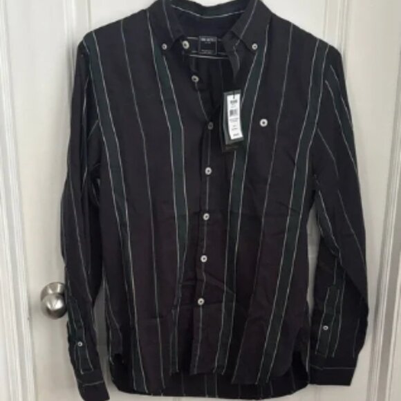 Todd Snyder Black and Green Striped Button Down Shirt - Picture 1 of 4
